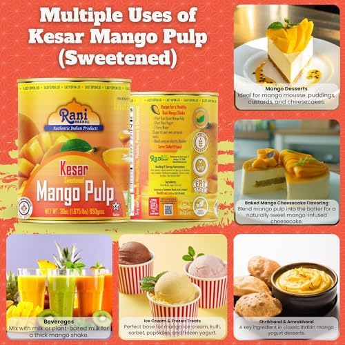 Rani Mango Pulp Puree (Makes Mango Lassi Shakes) Kesar Sweetened 30oz (1.875lbs) 850g ~ Kosher | All Natural | NON-GMO | Vegan | No colors | Gluten Friendly | Indian Origin
