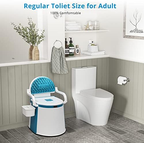 VINGLI Portable Toilet | Back & Handrail Design Commode with 5 Gallon Bucket Inner, Camping RV Toilet for Adult, Kids, Home, Boat, Van, Travel, Plastic, Blue & white