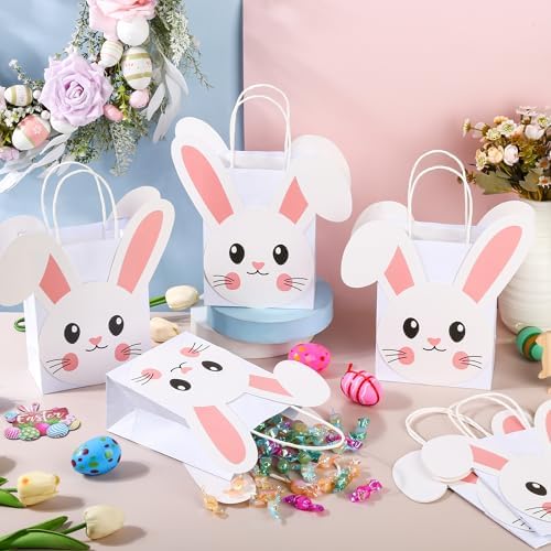 12Pcs Easter Bunny Treat Bags with Handles Rabbit Face Party Paper Goodie Bags for Easter Party Favors Birthday Baby Shower Spring Celebrations