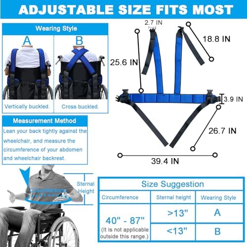 Wheelchair Seat Belt Torso Support Vest for Patient, Elderly & Disabled, Adjustable Full Body Harness Prevent Tilting or Falling & Keep User Upright, Chest Waist Band with Easy Release Buckles
