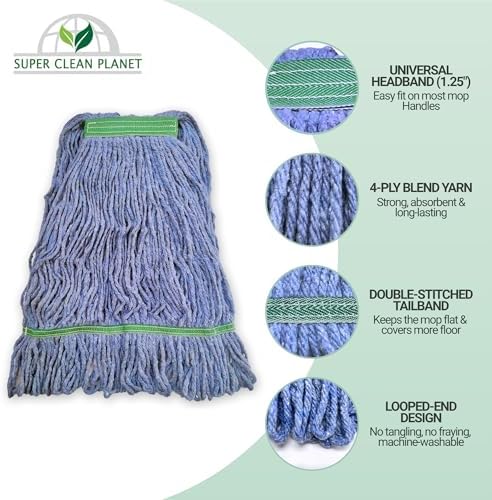Super Clean Planet Heavy Duty Mop Head Refill (3-Pack) – Industrial Blue Cotton, Looped-End Wet Mop Heads for General, Commercial, Janitorial & Floor Cleaning