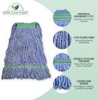 Super Clean Planet Heavy Duty Mop Head Refill (3-Pack) – Industrial Blue Cotton, Looped-End Wet Mop Heads for General, Commercial, Janitorial & Floor Cleaning