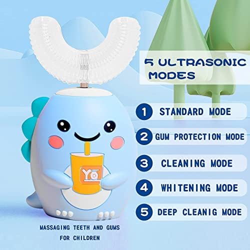 DYCROL Kids U Shaped Electric Toothbrush with 4 Brush Heads, Sonic Toothbrush Kids with 5 Modes, Cartoon Dinosaur 360-Degree Cleaning IPX7 Waterproof Design (2-6 Age (Blue))
