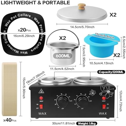 Portable Wax Warmer Machine for Painless Hair Removal, Women Men Professional Wax Heater with Adjustable Temperature Set, 40pcs Sticks, 2 Silicone Bowls (Black - Double Pots)