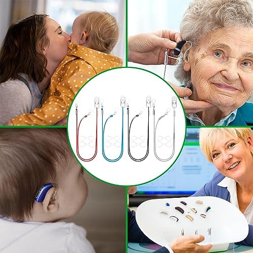 Set of 4 Hearing Aid Clips, Adjustable Hearing Aid Lanyard Anti-Lost BTE Clip String with 12 Pairs Silicone Loops, Hearing Protection Accessories for Adults & Kids, Binaural, 4 Colors