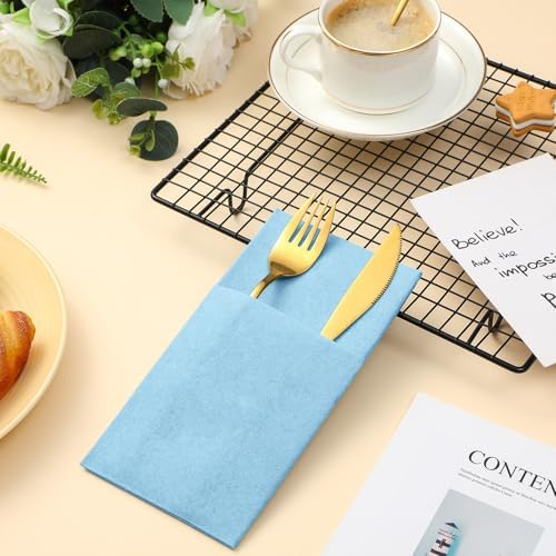 Cindeer 75 Pcs Light Blue Linen Dinner Feel Napkins with Built in Flatware Pocket Prefolded Paper Disposable Airlaid Guest Hand Towel for Silverware Wedding Reception Christmas Baby Shower
