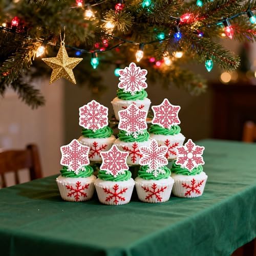 40PCS Edible Snowflake Cupcake Toppers Wafer Paper Snowflake Cupcake Toppers Edible Winter Snows Picks for Frozen Theme Party Decoration Supplies (Glitter Red)
