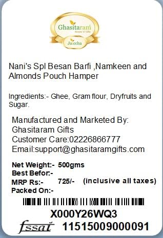 Ghasitaram Gifts Indian Sweets - Diwali Gifts Diwali Hamper Sweet Hampers - Nani's Spl Besan Barfi, Namkeen and Almonds Pouch Hamper