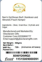 Ghasitaram Gifts Indian Sweets - Diwali Gifts Diwali Hamper Sweet Hampers - Nani's Spl Besan Barfi, Namkeen and Almonds Pouch Hamper