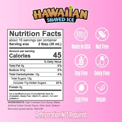 Hawaiian Shaved Ice Vanilla Syrup - Nut Soy Dairy Free - Flavor Fluffy & Crunchy Snow Cones - Shelf Stable - Makes 8 Servings - 16 ounces