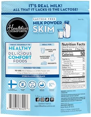 Healthier Comforts Lactose Free Skim Milk Powder | High Protein, Fat Free, Non-GMO, rBST Hormone Free, Kosher, Gluten Free, No Fillers | Baking, Coffee Creamer, Shakes| Makes 14 cups (21 oz)