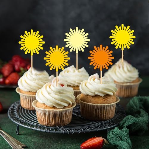 Ercadio 24 Pack Gold Sun Cupcake Toppers Sunny Sunshine Cupcake Picks for Sunshine Theme Baby Shower Sunny Kids Birthday Party Sunbathing Party Cake Decoration Supplies
