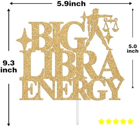Gold Glitter Big Libra Energy Cake Topper, Happy Birthday Libra in September/October, Libra Season, 12 Zodiac Constellation Theme Birthday Party Decoration Supplies