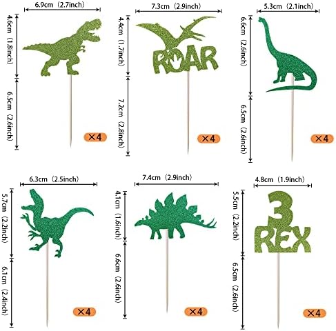 24 Pack Dinosaur Cupcake Toppers Glitter 3 Rex Roar Dinosaur Cupcake Picks Three Years Old Dino Theme Baby Shower Third Birthday Party Cake Decorations Supplies Green