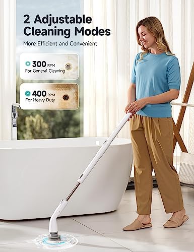 HiCOZY Electric Spin Scrubber HS1, Cordless Shower Scrubber for Cleaning with 4 Replaceable Brush Heads Adjustable Extension Handle, IPX7 Waterproof Cleaning Brush for Bathroom Floor White