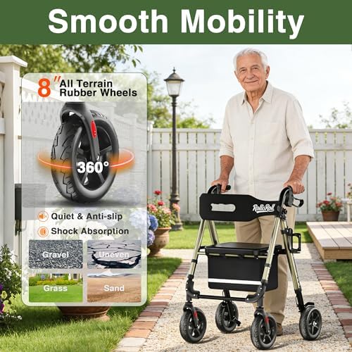 Walkers for Seniors Taller 5.3~7ft, Lightweight Foldable Rollator Walker, Built in Cable, Reinforced Aluminum Frame, 8" Big Rubber Wheels for All Terrain, 350lb Weight Capacity, Golden