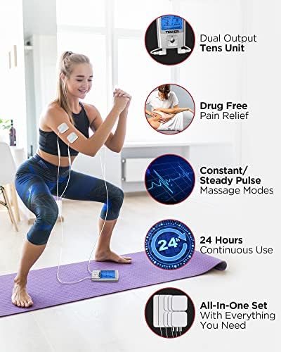 TENKER TENS Unit Muscle Stimulator, 24 Modes EMS Machine for Pain Relief Therapy/Pain Management, Rechargeable Electronic Pulse Massager with 2"x2" and 2"x4" Electrode Pads (Silver)