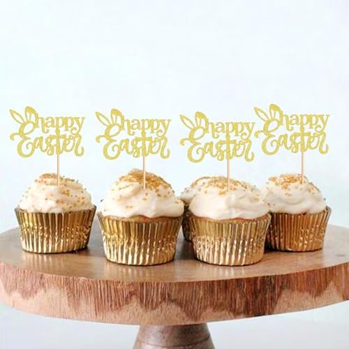 24 PCS Easter Happy Cupcake Toppers Golden Rabbit Cross Egg Easter Cupcake Toppers Selection Easter Rabbit Theme Cake Decoration Happy Birthday Party Decoration Supplies