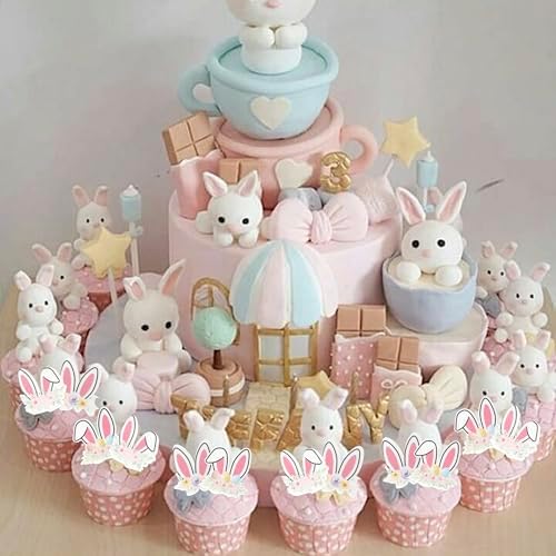 48 PCS Edible Happy Easter Cupcake Toppers Rabbit Ears Bunny Party Cake Decorations Edible Bunny Ear Cupcake Picks for Happy Easter Day Theme Baby Shower Birthday Party Food Decorations Supplies