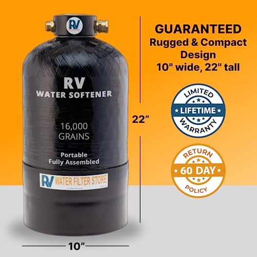 Essential RV Water Softener Portable 16,000 Grain w Custom Hose, Long Lasting for RVers Vanlife, 3/4" Fittings, Softens Hard Water When Traveling or Mobile Spot Reducing Car Washing