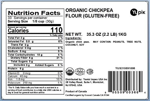 Yupik Organic Chickpea Flour, 2.2 lb (35.2 oz), Garbanzo Beans Flour, Finely Ground from Whole Chickpeas, Non-GMO, Gluten-Free, Vegan, Kosher, USDA Certified, Great for Baking, Cooking & Batters