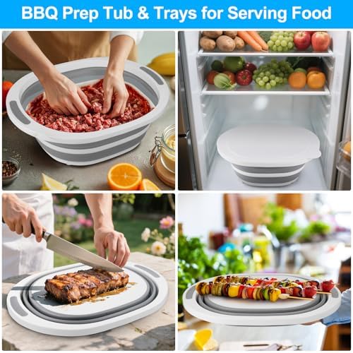 Collapsible Wash Basin, 7.5L Dish Tub Sink Basin Folding Dish Pans for Kitchen Sink, 2-in-1 Dishpan + Cutting Board, Portable Sink Dish Basin for Camping BBQ Prep Tub Washing Bin with Drain Plug + Lid
