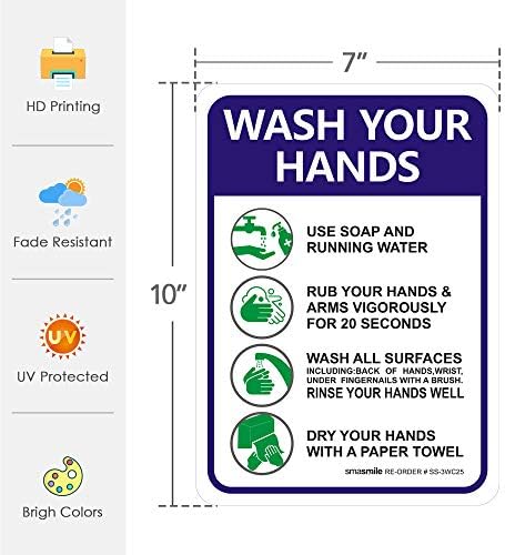 Please Wash Your Hands Sign Stickers, 4 Pack 7x10 Inch 4 Mil Self-Adhesive Vinyl, Weatherproof and UV Protected, Indoor & Outdoor, Employees Hand Washing Sign