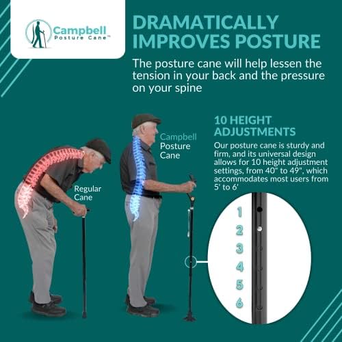 Campbell Posture Cane | Walking Cane for Men, Women | Mobility Device, Portable, Lightweight, Adjustable, Self-Standing, Folding, Collapsible Hand Walking Stick, 10 Height Adjustment, 360 Traction Tip