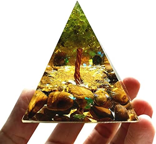 Peridot Tree of Life Orgonite Pyramid with Tiger Eye Stone Reiki Energy Generator Protection Crystal Healing Orgone Pyramids Collection