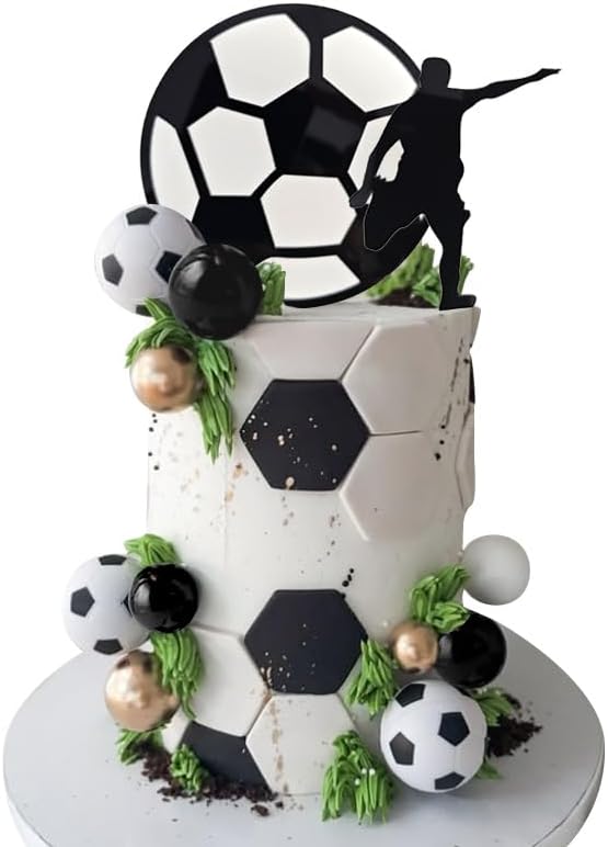 Football Cake Toppers with Acrylic Soccer Player Set Black White Gold Balls Soccer Balls for Birthday Party Supplies Decor