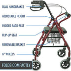DMI Ultra Lightweight Folding Aluminum Rollator Walker with Adjustable Handle Height, FSA and HSA Eligible, Cushioned Flip Up Seat and Convenient Storage Basket, Burgundy