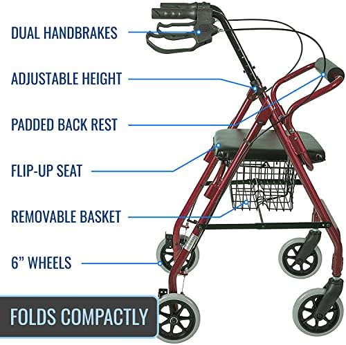 DMI Ultra Lightweight Folding Aluminum Rollator Walker with Adjustable Handle Height, FSA and HSA Eligible, Cushioned Flip Up Seat and Convenient Storage Basket, Burgundy