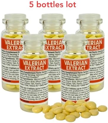 Valerian Root Extract, 5 Glass Bottles, 50 Coated Tablets Each Bottle (20mg), 250 Tablets