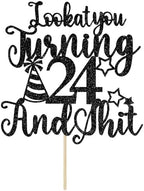 Happy 24th Birthday Cake Topper, 24th Birthday Cake Decor, Cheers to 24 Years, Hello 24, Funny 24th Birthday Party Decorations, Black Glitter
