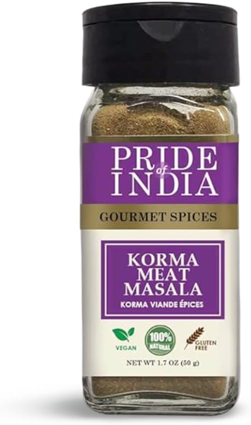 Pride of India Korma Masala for Meat & Lamb | Traditional Indian Curry Powder – Flavorful Garam Masala Blend | Authentic Tikka Masala Style Indian Spices | Easy to Use | 1.7 oz. Small Dual Sifter Bottle