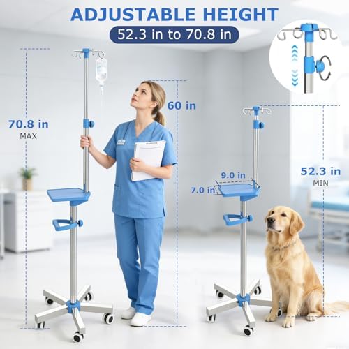 IV Pole with Wheels, Adjustable 52.3"–70.8" Stainless Steel IV Stand, 9" x 7" Tray, Height-Adjustable Handle, 4 Fluid Bags Holder, 5-Wheel Base