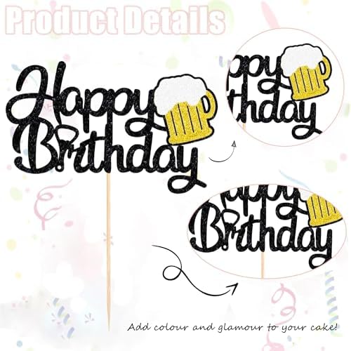Beer Happy Birthday Cake Topper - Black Glitter Wine Glass Cake Decoration for Beer Themed Birthday Parties for Men and Women- Style 2
