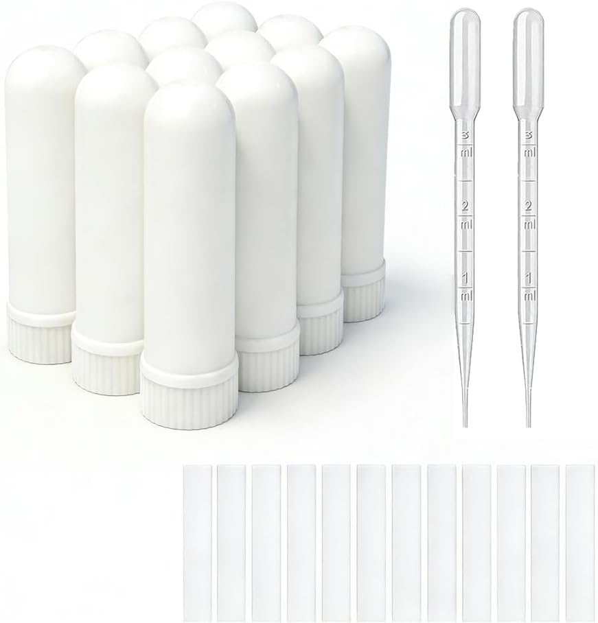 12 Sets Essential Oil Aromatherapy Tubes Inhaler Sticks Blank Nasal Inhalers(12 Complete Sticks) + 2 Polyethylene Pipette Droppers