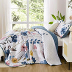 Anibedding Queen Quilt Set, Dark Blue Floral Bedspread Soft Microfiber Lightweight Queen Size Quilt Bedding Sets Flower Coverlet for All Season(Queen, 96"x90")