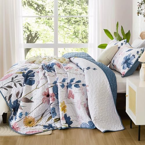 Anibedding Queen Quilt Set, Dark Blue Floral Bedspread Soft Microfiber Lightweight Queen Size Quilt Bedding Sets Flower Coverlet for All Season(Queen, 96"x90")