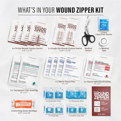 EVERLIT Wound Closure Kit | Surgical Zip-Stitch Devices for Cut & Laceration | Sterile, Suture-Free, Stitch-Less Adhesive Butterfly Bandages for Emergency First Aid Wound Care (6 Zip Complete Kit)