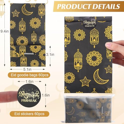 Saypacck 60 Pcs Eid Mubarak Gift Bags with Eid Stickers - Ramadan Party Favors - Black, 9.4 x 5.1 x 3.1 inches