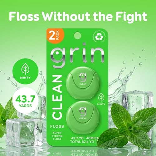 GRIN Clean Dental Floss – 2 Pack (87.4 Yards Total) | Super Strong Floss | Minty | Shred-Resistant | Compact Dispenser Made with Recycled Plastic