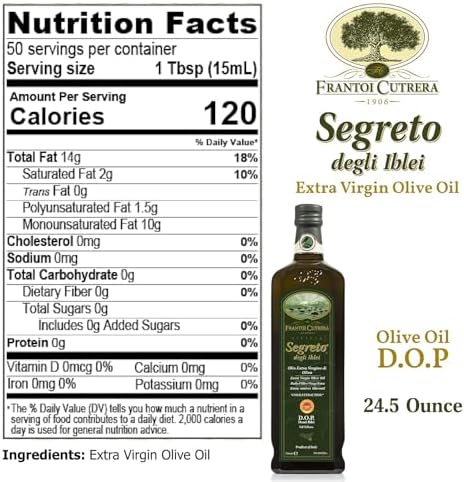 Frantoi Cutrera - Segreto Degli Iblei - Extra Virgin Olive Oil - Sicilian D.O.P Certified Italian, Pure 2022/23 Early Harvest First Cold Pressed, High In Polyphenols, 24.5 Fl Oz (Pack of 1)