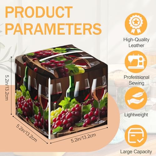 Red Wine and Grapes 2 Pcs Tissue Box Cover Square, Leather Tissue Box Holder for Bathroom Livingroom Bedroom, Decorations Cube Tissue Holder