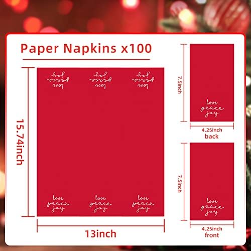 Quera 100 Pack Christmas Paper Napkins 4.38'' X 7.88'' Joy Peace Love Disposable White Decorative Table Napkin for New Year Winter Dinner Merry Christmas Holiday Xmas Decor Party Supplies red white