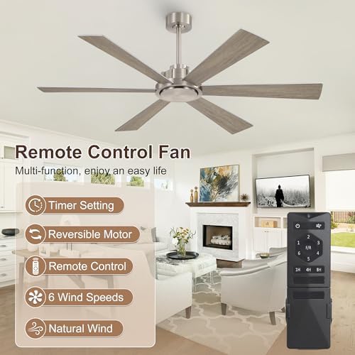 WINGBO 60 Inch Ceiling Fan without Light - 6 Plywood Blades, 6-Speed Reversible DC Motor, Noiseless Remote Control Ceiling Fan No Light for Bedroom Living Room Kitchen, Nickel and Silver/Gray