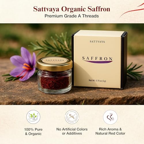 Sattvaya Organic Saffron Threads – 0.07 oz (2gm) – 100% Pure & Natural, Chemical-Free, Lab-Tested, Premium Grade A+ Kashmiri Kesar for Cooking, Tea, Milk & Desserts