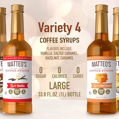 Matteo's Sugar Free Coffee Syrups - Zero Sugar Flavor Syrup, Barista Style Variety Pack of Coffee Flavoring Syrups, 0 Calorie, Keto-Friendly, Salted Caramel, Vanilla, Hazelnut, Caramel, 33.8oz, 4 Pack