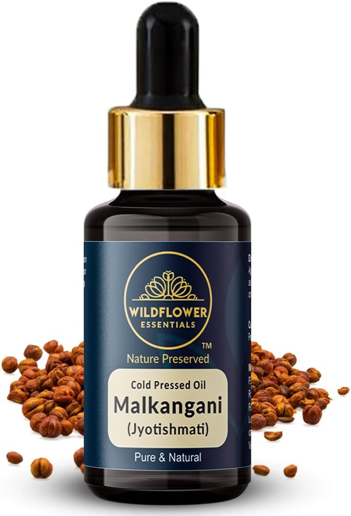 Malkangani Oil (Celastrus paniculatus/Jyotishmati) 100% Natural Cold Pressed Carrier Oil For Face, Skin, Hair, Body | with Glass Dropper 1.01 Fl Oz (30ml)